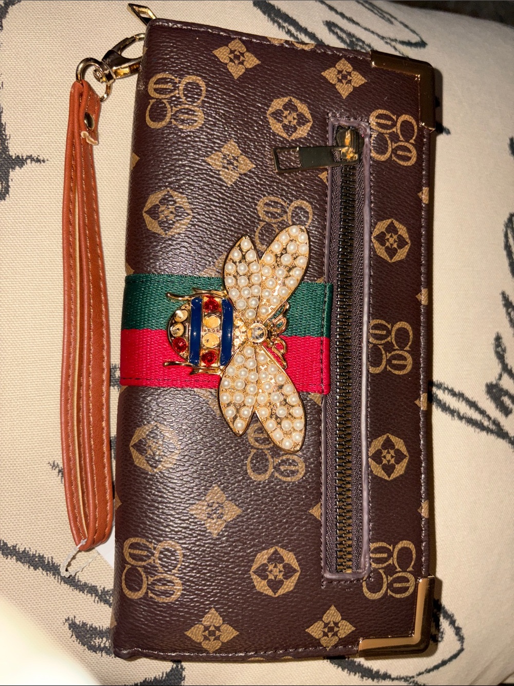 Designer-Inspired Bee Accent Wristlet Clutch in Brown